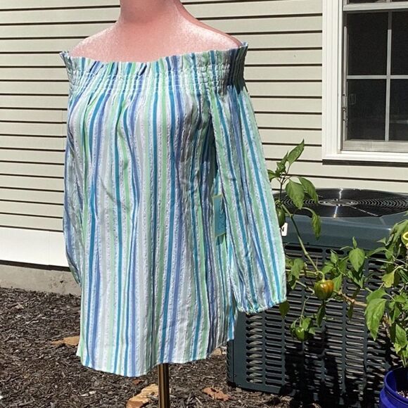 CECE NWT WOMENS OFF THE SHOULDER TOP BLOUSE AQUA DREAM PLAYA DEL SOL SMALL - Picture 4 of 9